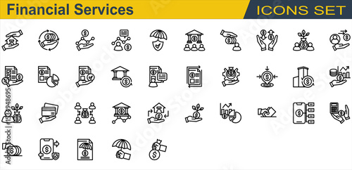 Financial Services Icon Set. Containing Bank,Budgeting,Business Report,Card Payment,Credit Union,Crowdfunding,Debt,Deposit,Financial Advisor,Financial Statement,Fintech. Outline Style