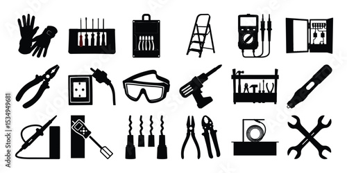 Collection of repair tools silhouette isolated on white background