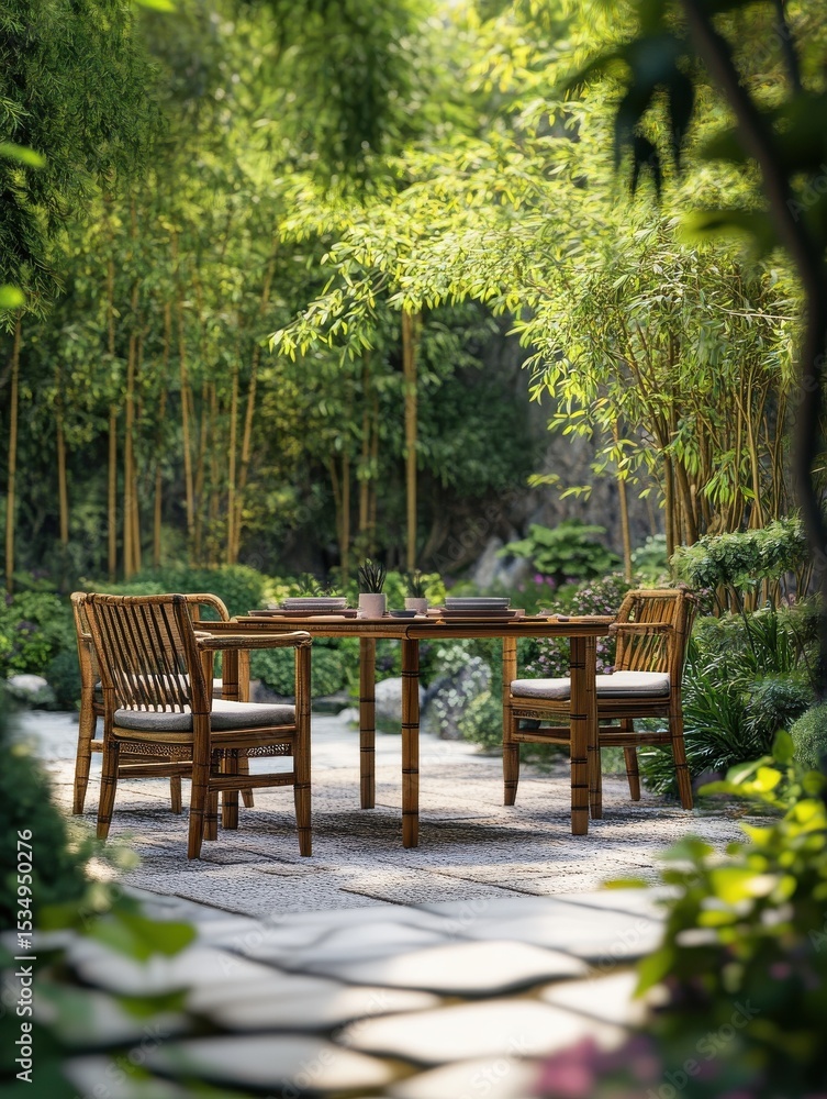 Obraz premium bamboo eco-friendly furniture concept. bamboo dining set in serene outdoor garden setting