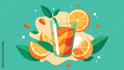 Freshly squeezed orange juice illustration with slices and leaves on a clear background