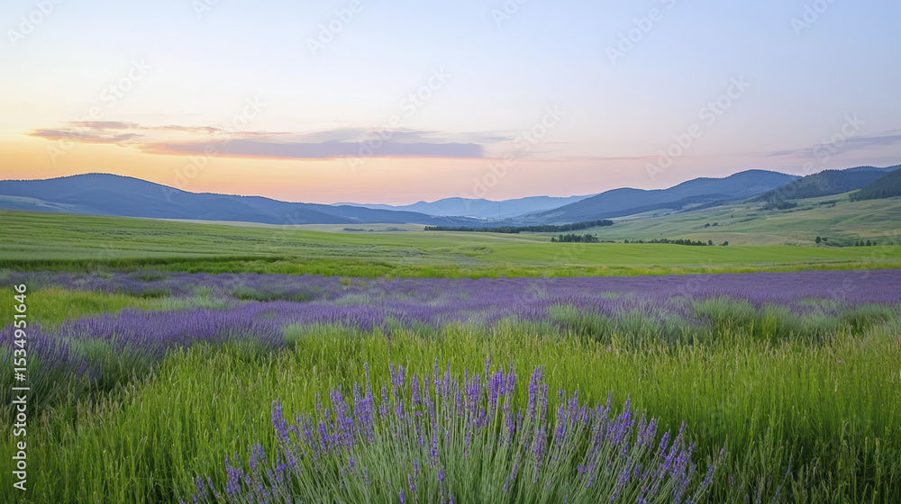 Obraz premium serene lavender field stretches across landscape, showcasing vibrant purple flowers against backdrop of rolling hills and soft sunset