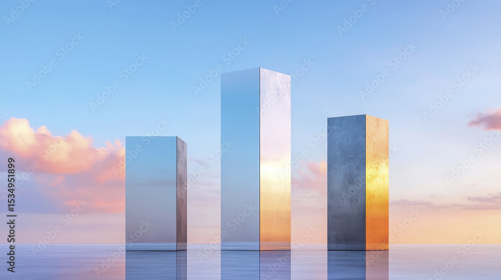 sleek geometric structure stands against vibrant sky, reflecting light and creating serene atmosphere sleek geometric structure stands against vibrant sky, reflecting light and creating serene atmosphere