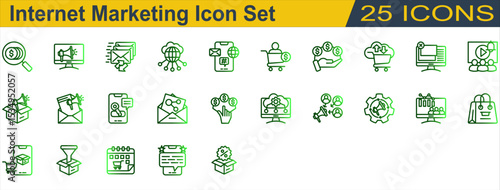 Internet Marketing Icon Set. Containing Affiliate Marketing,Commission,Cpa,Ecommerce,Email Marketing,Feedback,Internet,Keyword,Marketing Automation. Outline Gradient Style