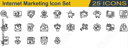 Internet Marketing Icon Set. Containing Affiliate Marketing,Commission,Cpa,Ecommerce,Email Marketing,Feedback,Internet,Keyword,Marketing Automation. Outline Style