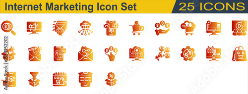 Internet Marketing Icon Set. Containing Affiliate Marketing,Commission,Cpa,Ecommerce,Email Marketing,Feedback,Internet,Keyword,Marketing Automation. Solid Gradient Style
