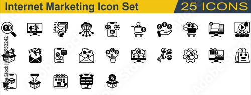 Internet Marketing Icon Set. Containing Affiliate Marketing,Commission,Cpa,Ecommerce,Email Marketing,Feedback,Internet,Keyword,Marketing Automation. Mixed Style