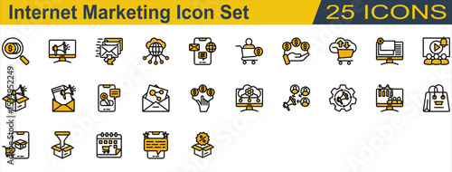 Internet Marketing Icon Set. Containing Affiliate Marketing,Commission,Cpa,Ecommerce,Email Marketing,Feedback,Internet,Keyword,Marketing Automation. Outline Color Lineal Style