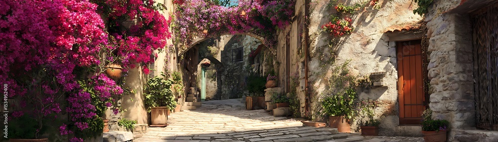 Fototapeta premium A sun-drenched alleyway lined with blooming bougainvillea.