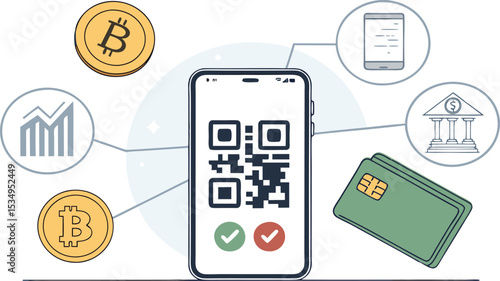 Mobile Finance and Crypto Icon Set Wallet, Coin, QR Scan, Dashboard, Payment, and Card in Thin Editable Line Vector Style.