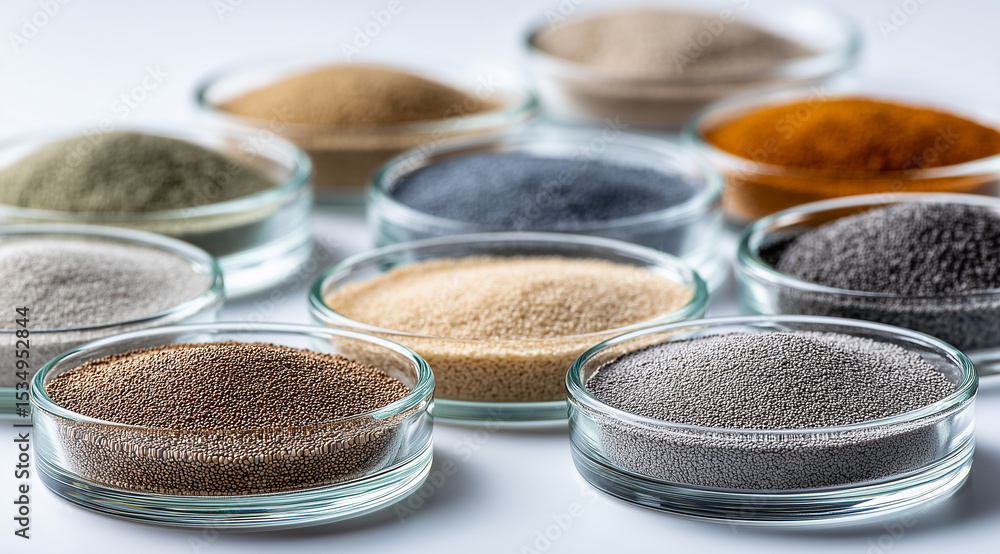 A variety of petri dishes filled with different types and colors of powder, arranged in an aesthetically pleasing manner on a white background. Each dish contains various textured A variety of petri dishes filled with different types and colors of powder, arranged in an aesthetically pleasing manner on a white background. Each dish contains various textured