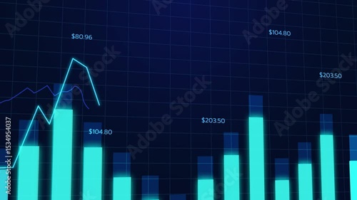 Financial data stock market chart with candlesticks and line graph.