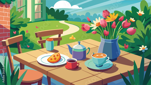Relaxing afternoon tea setting with flowers and garden view illustration