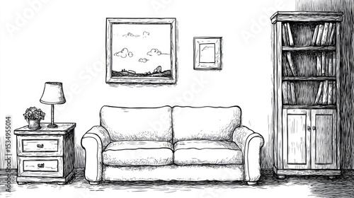 Hand-drawn sketch of a living room interior.