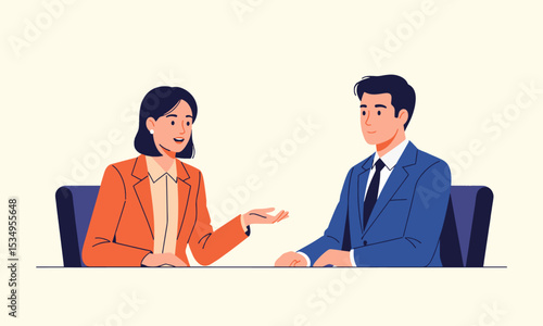 An illustration of a man and a woman in business attire, seated at a table and engaged in conversation. The woman is actively speaking with an open hand gesture, while the man listens attentively.