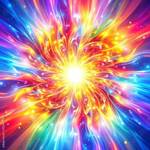 A vibrant explosion of multicolored light and shimmering sparks bursts forth, creating a dazzling display of energy and brilliance against a dark backdrop.