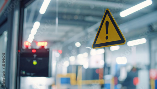 Wallpaper Mural Warning sign caution symbol safety alert industrial environment glass window blurred background factory hazard workplace safety bright light Torontodigital.ca