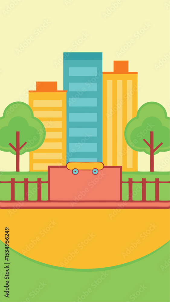 Stylized cityscape illustration featuring buildings trees and a park with simple flat design Stylized cityscape illustration featuring buildings trees and a park with simple flat design