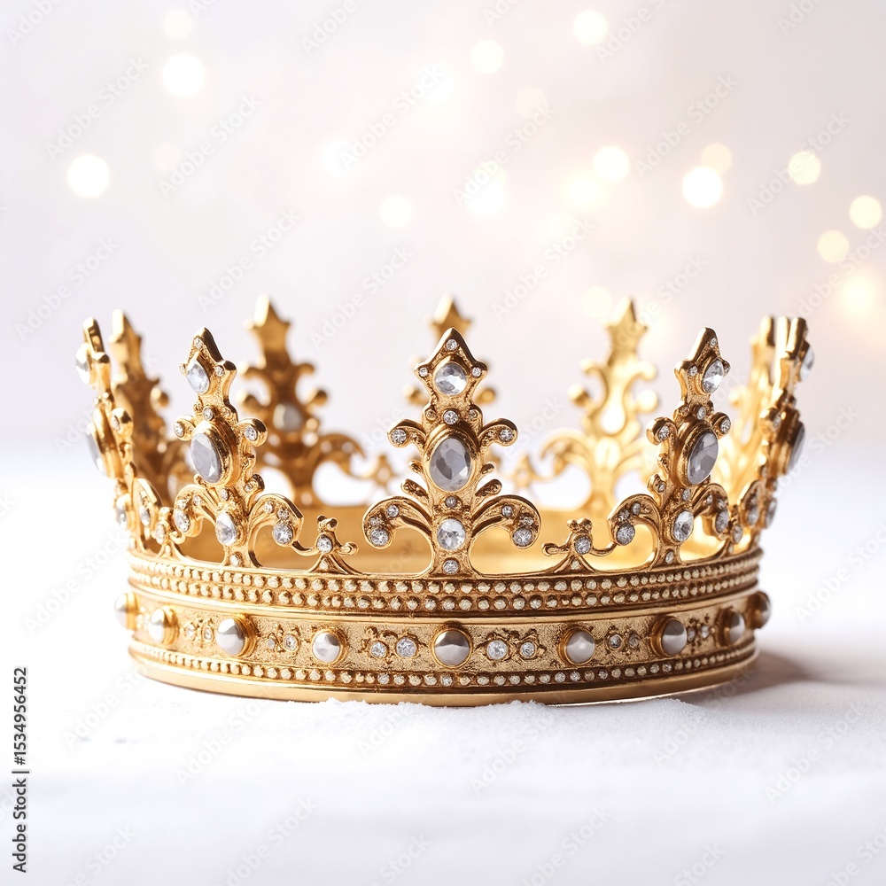 Obraz premium A luxurious gold crown adorned with sparkling diamonds, featuring intricate designs and a polished finish, exuding elegance and royal charm.