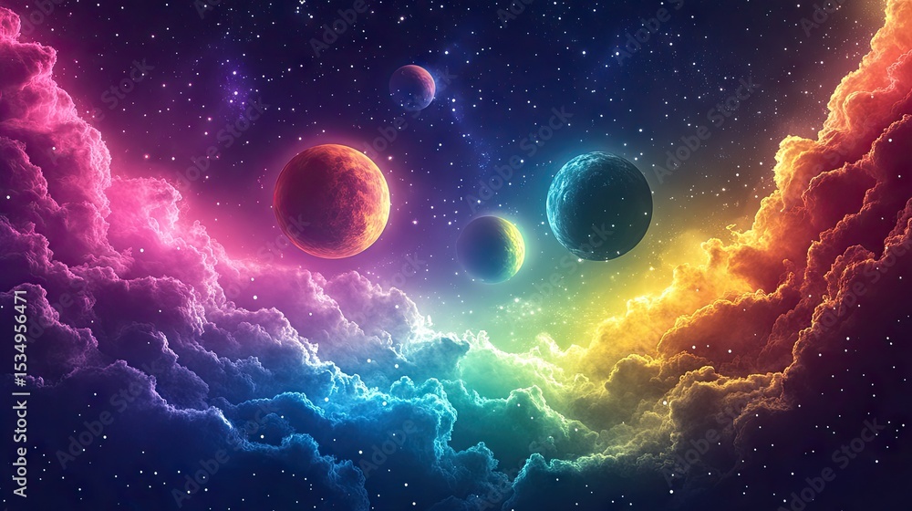 Obraz premium Colorful celestial cloudscapes with planets in the night sky.