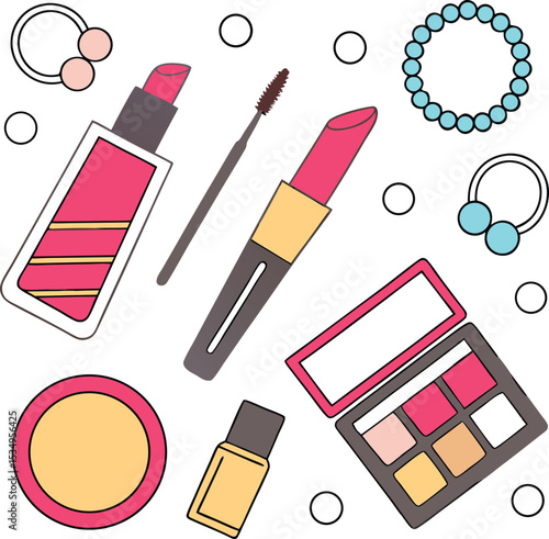 Flatlay of makeup products and accessories