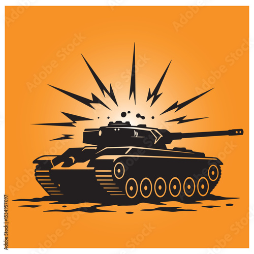 Silhouette of a combat tank with explosive impact and orange background illustration