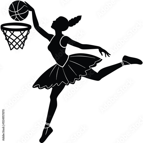 A female basketball player in mid-air, dunking a ball into a basketball hoop, viewed from the side with dynamic movement and athleticism