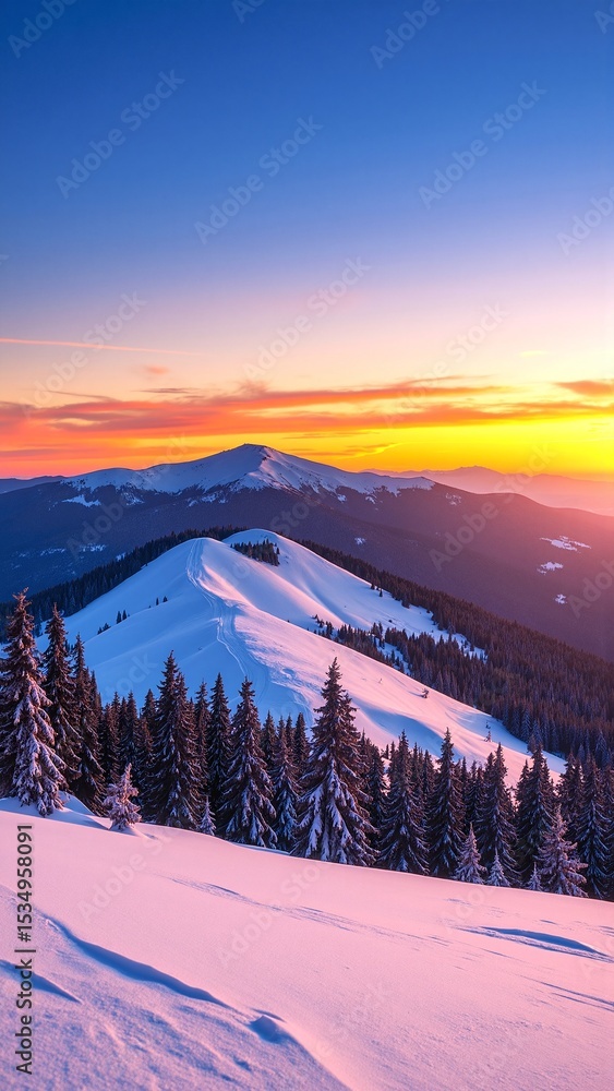 Fototapeta premium A breathtaking sunset casts vibrant hues of orange and pink over majestic mountains, silhouetted by tall evergreen trees and a blanket of glistening snow.