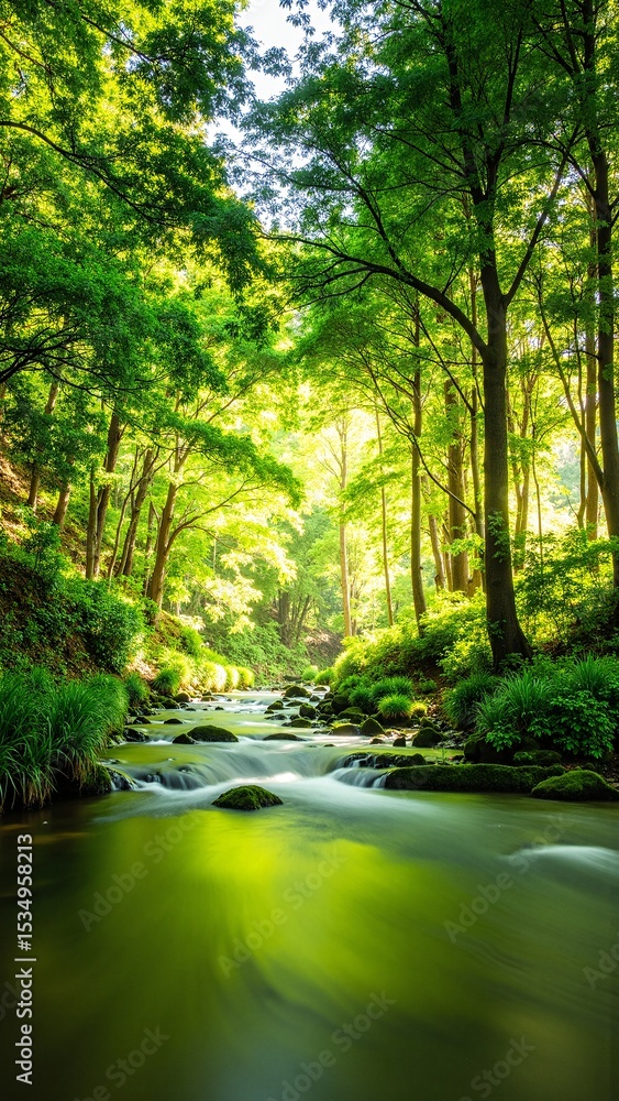 Obraz premium A serene stream meanders through a lush forest, surrounded by vibrant green trees, dappled sunlight filtering through the leaves, creating a tranquil atmosphere.