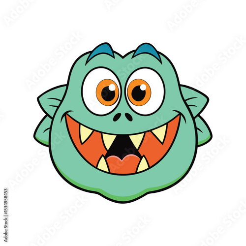 A cartoon monster face with sharp teeth and big eyes staring directly at the viewer.