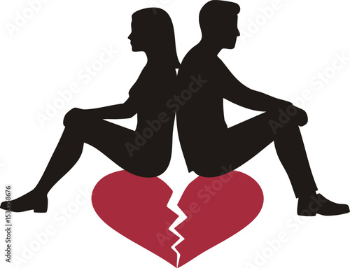 Silhouette of man and woman sitting back to back on broken heart symbol representing relationship breakup and emotional separation vector illustration 