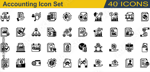 Accounting icon set. Containing Accountant,Accounting,Annual Report,Auditor,Bank,Budget,Cash Flow,Creditor,Financial Statement,Income Statement,Interest Rate. Mixed Style