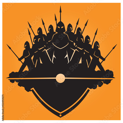 Silhouette of an ancient roman legion guarded in formation ready to battle on orange background