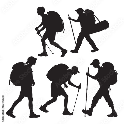 Group of hikers with backpacks and trekking poles walking in various poses on a white background