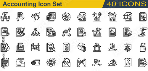 Accounting icon set. Containing Accountant,Accounting,Annual Report,Auditor,Bank,Budget,Cash Flow,Creditor,Financial Statement,Income Statement,Interest Rate. Outline Style