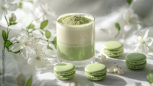 Refreshing matcha latte and delicate macarons on a light background.