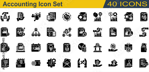 Accounting icon set. Containing Accountant,Accounting,Annual Report,Auditor,Bank,Budget,Cash Flow,Creditor,Financial Statement,Income Statement,Interest Rate. Solid Style