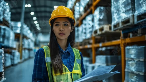 Asian woman supervisor examining warehouse inventory, safety inspection