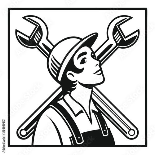 A worker wearing overalls and a hard hat with wrenches on shoulders standing in a workplace environment