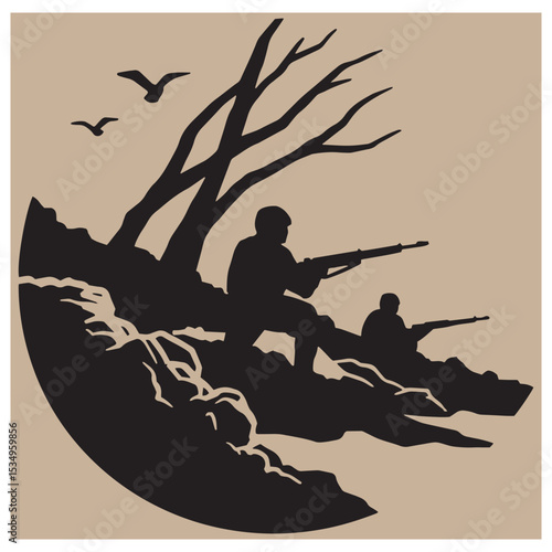 Silhouette of soldiers aiming rifles on a hilltop with birds and barren tree branches