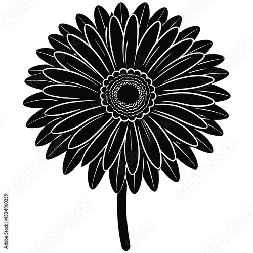 A black and white illustration of a single flower with detailed petals from a front viewpoint