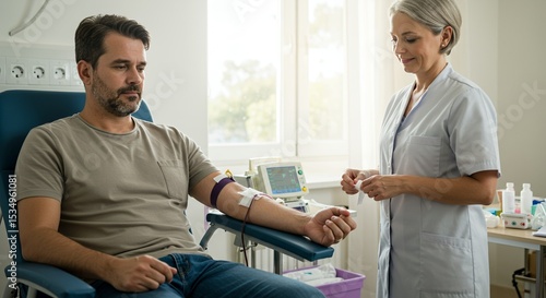 Man in a blue chair with a blood draw as a nurse attends to him in a medical setting