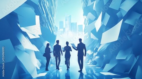 Business team walking towards bright city future amidst paperwork.