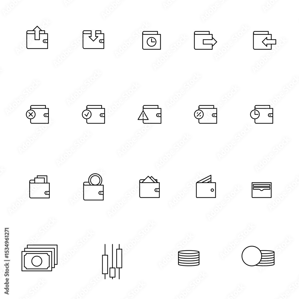 Line style icons of wallets: corporate wallet, business expense wallet, payroll crypto wallet, company bonus wallet, accounting wallet dashboard, business wallet transactions, employee wallet Line style icons of wallets: corporate wallet, business expense wallet, payroll crypto wallet, company bonus wallet, accounting wallet dashboard, business wallet transactions, employee wallet