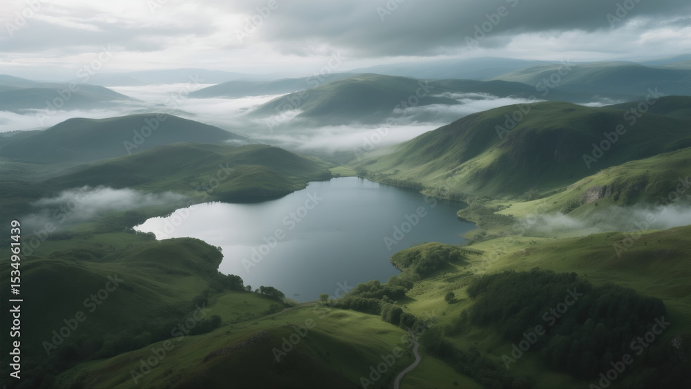 Fototapeta premium Aerial view of highlands, green hills, misty lakes, dramatic cloud light, ultra realistic CG landscape, moody atmosphere, cinematic, no people, no text