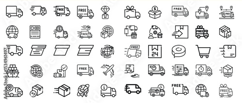 Black and White Delivery Truck Icons Set Free Shipping Global Logistics