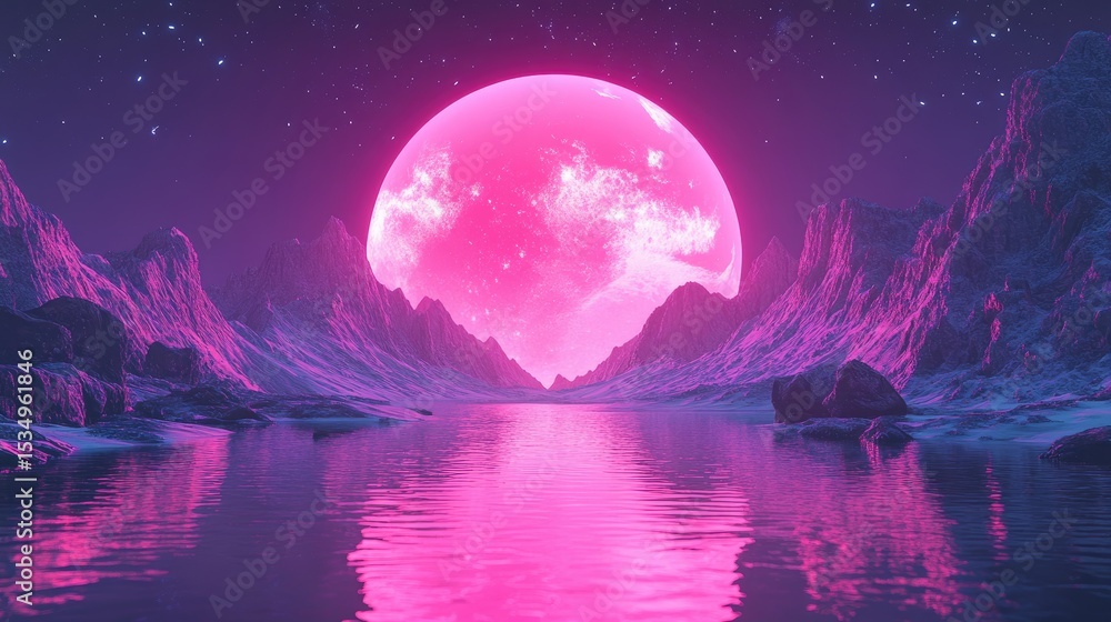 Fototapeta premium Pink moonlit landscape reflecting a vibrant celestial body.