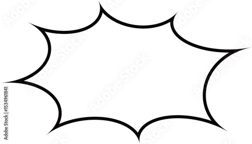 This image displays a blank, white comic speech bubble, characterized by a jagged, spiky outline with a thick black border. 