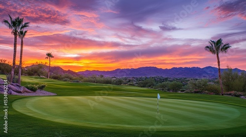 Fototapeta Naklejka Na Ścianę i Meble -  Stunning sunset over a scenic golf course in Arizona mountains, showcasing vibrant colors and palm trees.