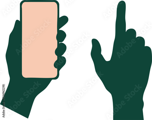 Smartphone held in hand with pointing finger gesture vector illustration in dark green and peach colors 