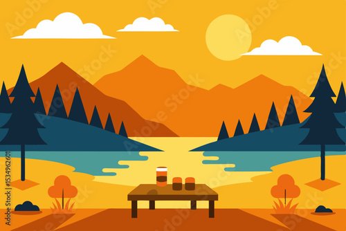 Serene Lakeside Picnic Mountains, Sunset, and Tranquility